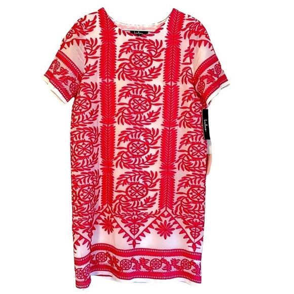 Lulu’s White Pink Embroidered Shirt Sleeve Shift Dress Size‎ Small NWT - Picture 1 of 9